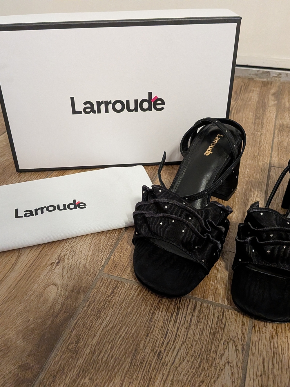 Larroude Black Ruffled Block Heel Sandals